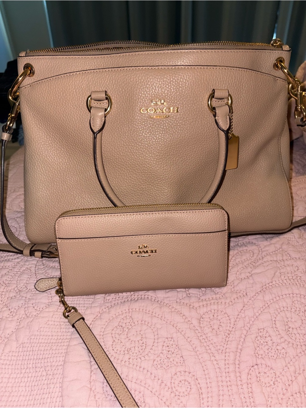 Coach Pebbled Leather Satchel and Zip Wallet in Beige